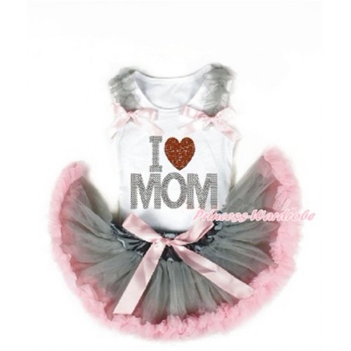 Mother's Day White Baby Pettitop with Grey Ruffles & Light Pink Bows with Sparkle Crystal Bling Rhinestone I Love Mom Print with Grey Light Pink Newborn Pettiskirt NN185 
