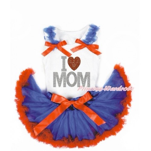 Mother's Day White Baby Pettitop with Royal Blue Ruffles & Red Bows with Sparkle Crystal Bling Rhinestone I Love Mom Print with Royal Blue Red Newborn Pettiskirt NN186 