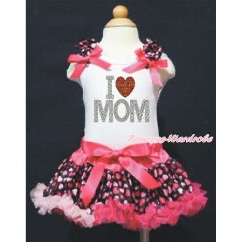 Mother's Day White Baby Pettitop with Hot Light Pink Heart Ruffles & Hot Pink Bows with Sparkle Crystal Bling Rhinestone I Love Mom Print with Hot Light Pink Heart Newborn Pettiskirt NN187 