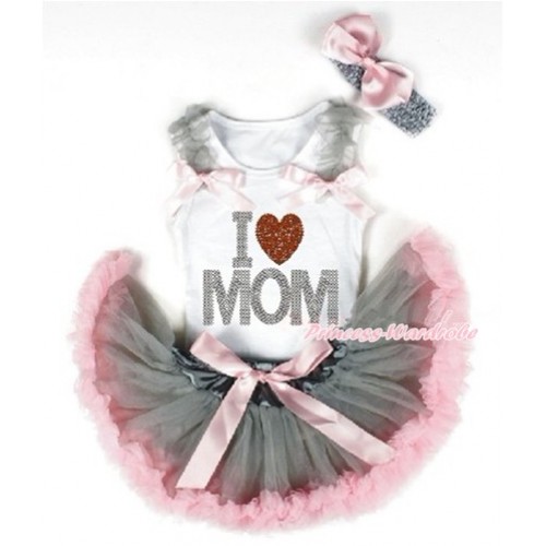 Mother's Day White Baby Pettitop with Grey Ruffles & Light Pink Bows with Sparkle Crystal Bling Rhinestone I Love Mom Print & Grey Light Pink Newborn Pettiskirt With Grey Headband Light Pink Silk Bow NG1430 