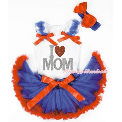 Mother's Day White Baby Pettitop with Royal Blue Ruffles & Red Bows with Sparkle Crystal Bling Rhinestone I Love Mom Print & Royal Blue Red Newborn Pettiskirt With Royal Blue Headband Red Silk Bow NG1431 