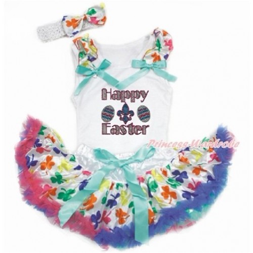 Easter White Baby Pettitop with Rainbow Clover Ruffles & Aqua Blue Bows with Sparkle Crystal Bling Rhinestone Happy Easter Print & Rainbow Clover Newborn Pettiskirt With White Headband Rainbow Clover Satin Bow NG1432 