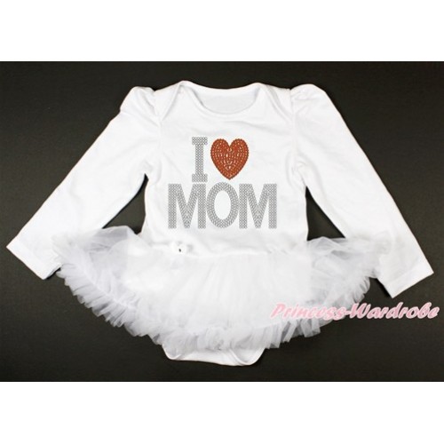 Mother's Day White Long Sleeve Baby Bodysuit Jumpsuit White Pettiskirt With Sparkle Crystal Bling Rhinestone I Love Mom Print JS3233 