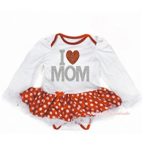 Mother's Day White Long Sleeve Baby Bodysuit Jumpsuit Minnie Dots White Pettiskirt With Sparkle Crystal Bling Rhinestone I Love Mom Print JS3234 