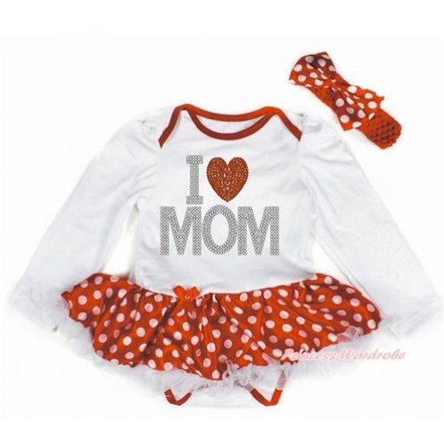Mother's Day White Long Sleeve Baby Bodysuit Jumpsuit Minnie Dots White Pettiskirt With Sparkle Crystal Bling Rhinestone I Love Mom Print & Red Headband Minnie Dots Satin Bow JS3236 