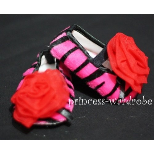Baby Hot Pink Zebra Crib Shoes with Hot Red Rosettes S27 