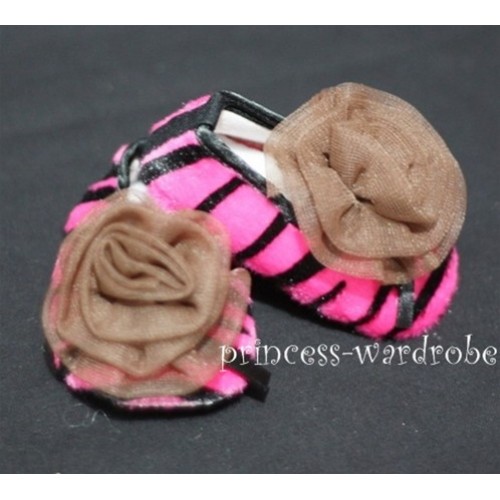 Baby Hot Pink Zebra Crib Shoes with Coffee Brown Rosettes S30 