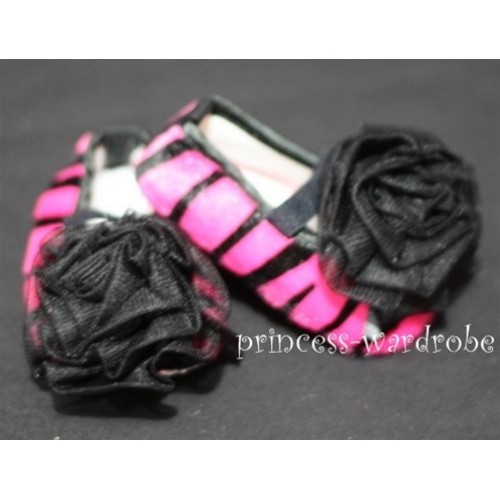 Baby Hot Pink Zebra Crib Shoes with Black Rosettes S33 