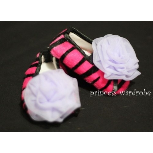Baby Hot Pink Zebra Crib Shoes with Light Purple Rosettes S34 