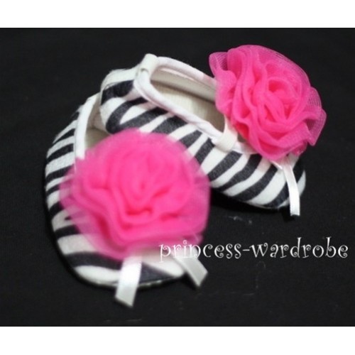 Baby Zebra Crib Shoes with Hot Pink Rosettes S36 