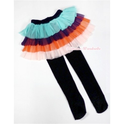 Aqua Blue Black Orange Tiered Layer Skirt Dress With Black Leggings B157 