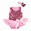 Valentine's Day Light Pink Sparkle Sequins Baby Bodysuit Light Pink Pettiskirt & Bow & Light Pink Headband Sparkle Sequins Bow JS2785 