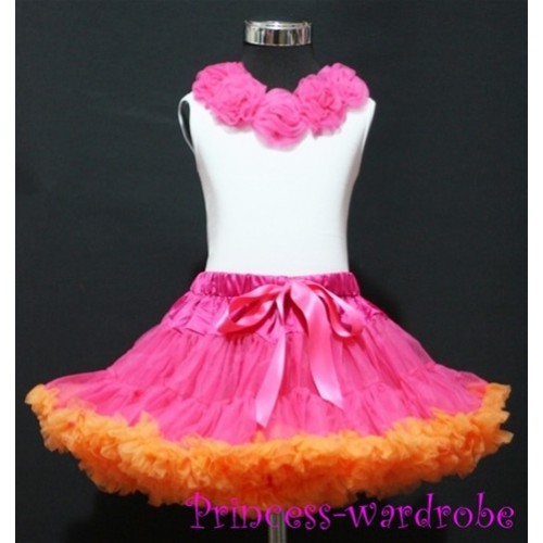 White Tank Tops with Hot Pink Rosettes & Hot Pink Orange Pettiskirt M109 