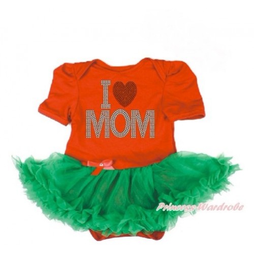Mother's Day Red Baby Bodysuit Jumpsuit Kelly Green Pettiskirt with Sparkle Crystal Bling Rhinestone I Love Mom Print JS3240 