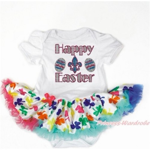 Easter White Baby Bodysuit Jumpsuit Rainbow Clover Pettiskirt with Sparkle Crystal Bling Rhinestone Happy Easter Print JS3243 