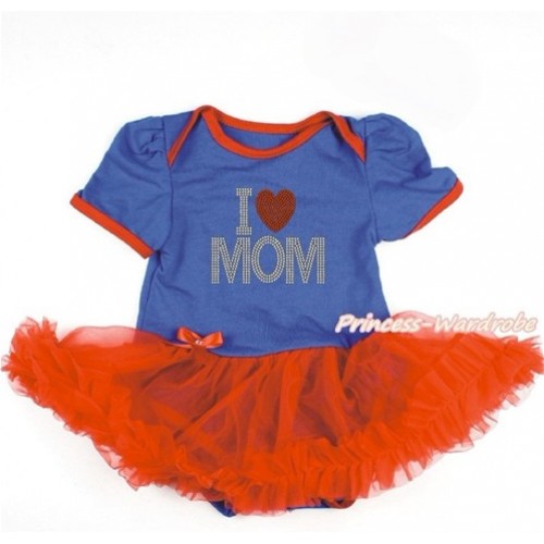 Mother's Day Royal Blue Baby Bodysuit Jumpsuit Red Pettiskirt with Sparkle Crystal Bling Rhinestone I Love Mom Print JS3246 