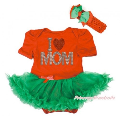 Mother's Day Red Baby Bodysuit Jumpsuit Kelly Green Pettiskirt With Sparkle Crystal Bling Rhinestone I Love Mom Print With Red Headband Kelly Green Red Ribbon Bow JS3249 