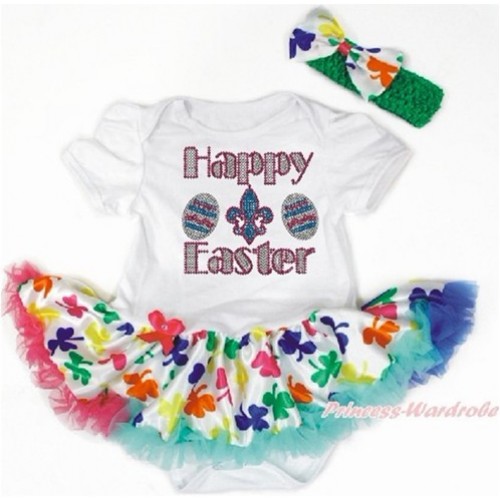 Easter White Baby Bodysuit Jumpsuit Rainbow Clover Pettiskirt With Sparkle Crystal Bling Rhinestone Happy Easter Print With Kelly Green Headband Rainbow Clover Satin Bow JS3252 