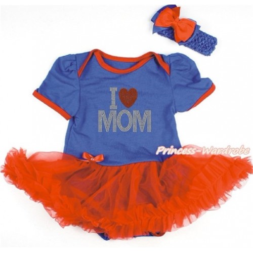 Mother's Day Royal Blue Baby Bodysuit Jumpsuit Red Pettiskirt With Sparkle Crystal Bling Rhinestone I Love Mom Print With Royal Blue Headband Red Royal Blue Ribbon Bow JS3255 