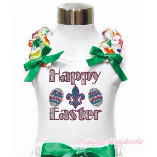 Easter White Tank Top With Rainbow Clover Ruffles & Kelly Green Bow With Sparkle Crystal Bling Rhinestone Happy Easter Print TB717 