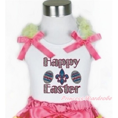 Easter White Tank Top With Yellow Ruffles & Hot Pink Bow With Sparkle Crystal Bling Rhinestone Happy Easter Print TB719 