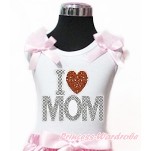 Mother's Day White Tank Top With Light Pink Ruffles & Light Pink Bow With Sparkle Crystal Bling Rhinestone I Love Mom Print TB720 