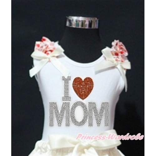 Mother's Day White Tank Top With Cream White Heart Ruffles & Cream White Bow With Sparkle Crystal Bling Rhinestone I Love Mom Print TB721 