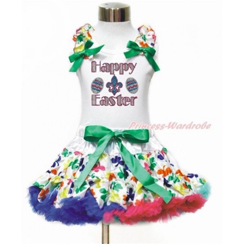 Easter White Tank Top with Rainbow Clover Ruffles & Kelly Green Bow with Sparkle Crystal Bling Rhimestone Happy Easter Print & Rainbow Clover Pettiskirt MG1121 