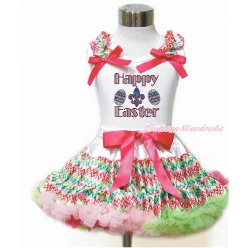 Easter White Tank Top with Rainbow Wave Ruffles & Hot Pink Bow with Sparkle Crystal Bling Rhinestone Happy Easter Print & Rainbow Wave Pettiskirt MG1122 