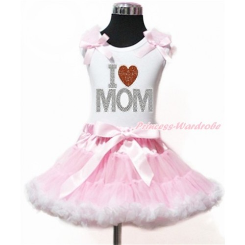 Mother's Day White Tank Top with Light Pink Ruffles & Light Pink Bow with Sparkle Crystal Bling Rhinestone I Love Mom Print & Light Pink White Pettiskirt MG1124 