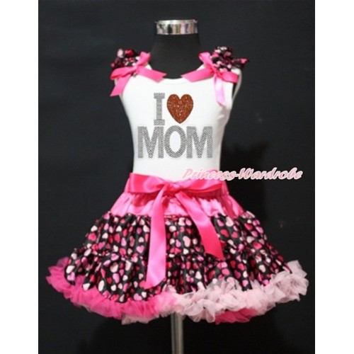 Mother's Day White Tank Top with Hot Light Pink Heart Ruffles & Hot Pink Bow with Sparkle Crystal Bling Rhinestone I Love Mom Print & Hot Light Pink Heart Pettiskirt MG1126 