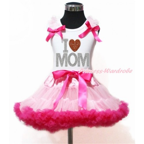 Mother's Day White Tank Top with Light Pink Ruffles & Hot Pink Bow with Sparkle Crystal Bling Rhinestone I Love Mom Print & Light Hot Pink Pettiskirt MG1127 