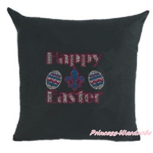 Black Home Sofa Cushion Cover with Sparkle Crystal Bling Rhinestone Happy Easter Print HG030 