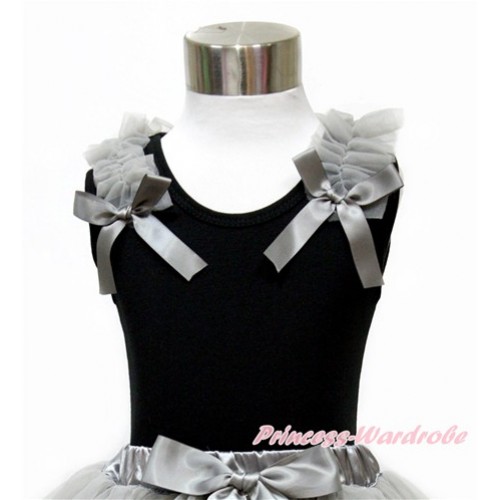 Black Tank Top with Grey Ruffles and Grey Bow TB725 