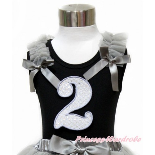 Black Tank Top With Grey Ruffles & Grey Bow With 2nd Sparkle White Birthday Number Print TB729 