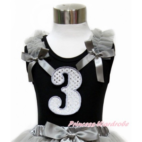 Black Tank Top With Grey Ruffles & Grey Bow With 3rd Sparkle White Birthday Number Print TB730 