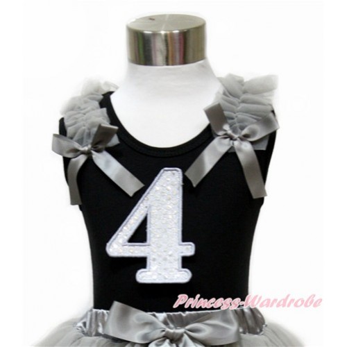 Black Tank Top With Grey Ruffles & Grey Bow With 4th Sparkle White Birthday Number Print TB731 