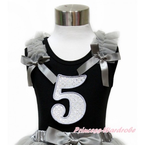 Black Tank Top With Grey Ruffles & Grey Bow With 5th Sparkle White Birthday Number Print TB732 