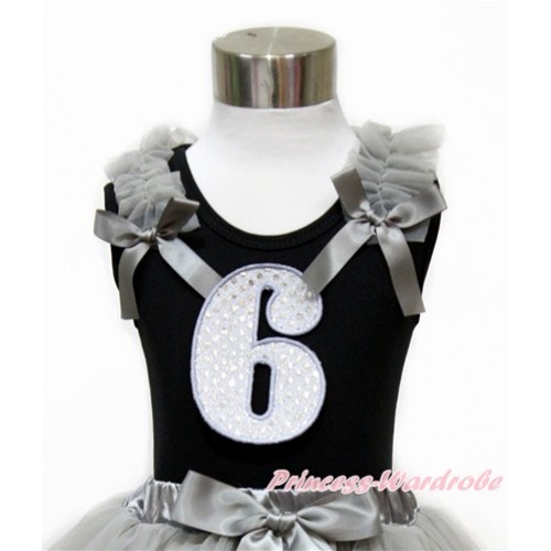 Black Tank Top With Grey Ruffles & Grey Bow With 6th Sparkle White Birthday Number Print TB733 