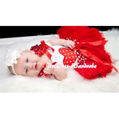 Red White Polka Dots Heart Print White Baby Pettitop & Minnie Ruffles & Red Bows with Minnie Waist Baby Pettiskirt NG338 