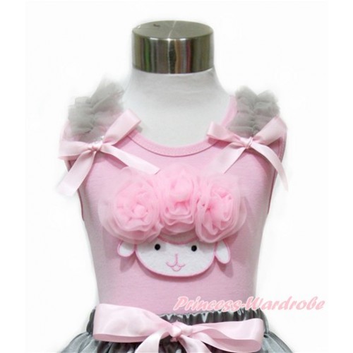 Easter Light Pink Tank Top With Grey Ruffles & Light Pink Bow With Light Pink Rosettes Sheep Print TP74 