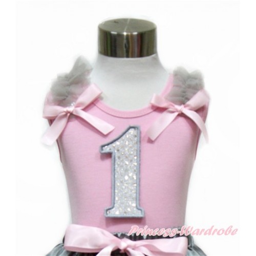 Light Pink Tank Top With Grey Ruffles & Light Pink Bow With 1st Sparkle White Birthday Number Print TP75 