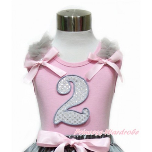Light Pink Tank Top With Grey Ruffles & Light Pink Bow With 2nd Sparkle White Birthday Number Print TP76 