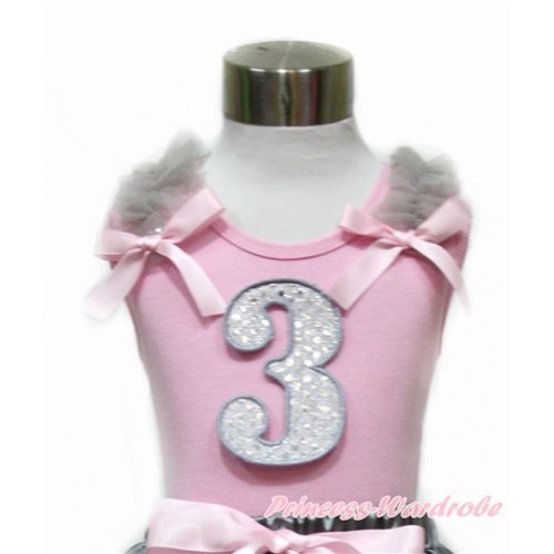 Light Pink Tank Top With Grey Ruffles & Light Pink Bow With 3rd Sparkle White Birthday Number Print TP77 