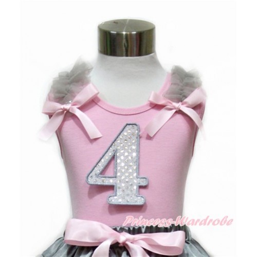 Light Pink Tank Top With Grey Ruffles & Light Pink Bow With 4th Sparkle White Birthday Number Print TP78 