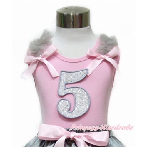 Light Pink Tank Top With Grey Ruffles & Light Pink Bow With 5th Sparkle White Birthday Number Print TP79 