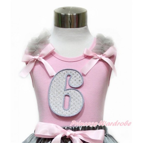 Light Pink Tank Top With Grey Ruffles & Light Pink Bow With 6th Sparkle White Birthday Number Print TP80 