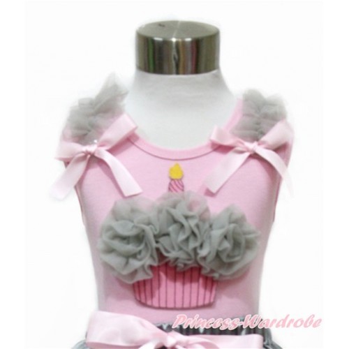 Light Pink Tank Top With Grey Ruffles & Light Pink Bow With Grey Rosettes Birthday Cake Print TP81 