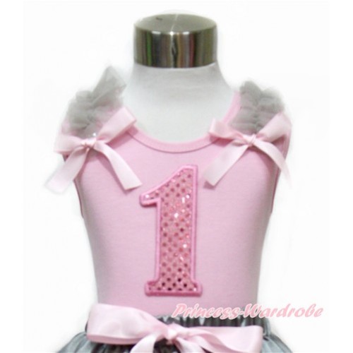 Light Pink Tank Top With Grey Ruffles & Light Pink Bow With 1st Sparkle Light Pink Birthday Number Print TP82 