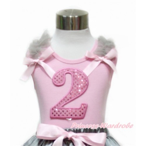 Light Pink Tank Top With Grey Ruffles & Light Pink Bow With 2nd Sparkle Light Pink Birthday Number Print TP83 